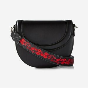Express Crossbody Saddle Bag Black Embroidered Floral Handle Faux Leather